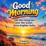 Good Morning Sunrise Ocean Hope Quote Image featuring golden sunrise above a calm ocean horizon symbolizing happiness and optimism