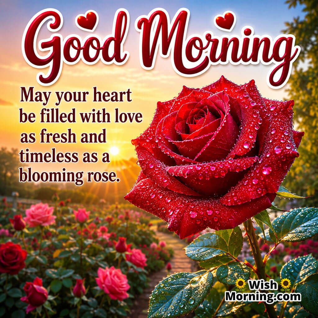 Good Morning Timeless Red Rose Love Quote featuring a blooming red rose in a colorful sunrise garden symbolizing lasting love and happiness