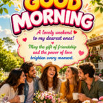 Good Morning Weekend Love and Friendship Wish Image featuring a joyful group of friends sharing smiles in a beautiful garden, symbolizing friendship and love.