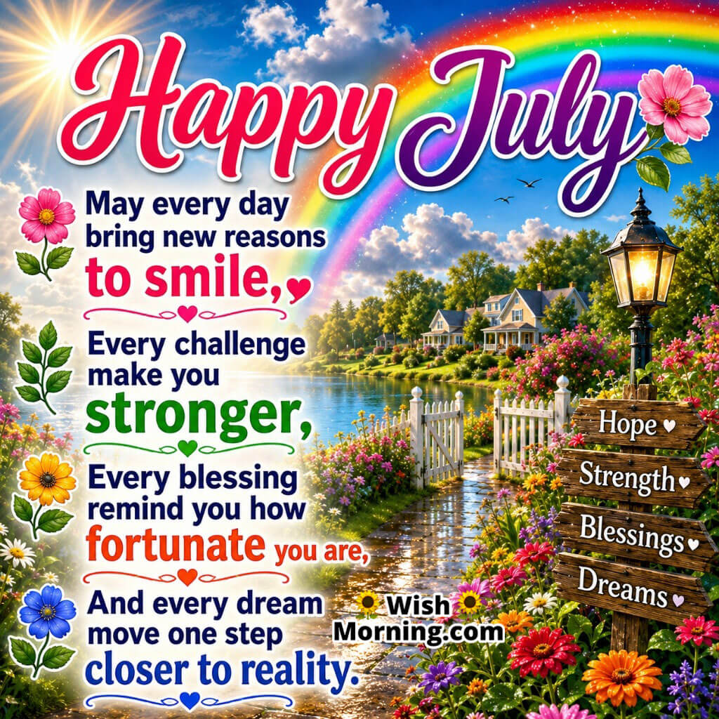 Happy July Inspirational Wishes Image featuring a colourful rainbow after a summer rain, blooming flowers, and bright sunshine symbolizing hope, strength, blessings, and joyful new possibilities.