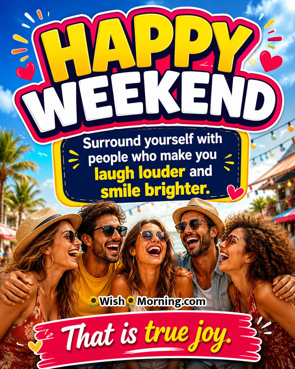 Happy Weekend Smiles and Joy Quote Image featuring a cheerful group of friends laughing together outdoors, symbolizing happiness, friendship, and true joy.
