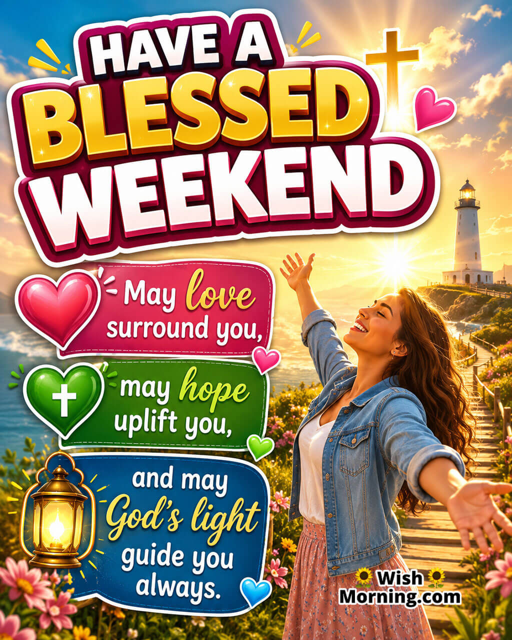 Have a Blessed Weekend Blessing Quote Image featuring a smiling person with open arms near a lighthouse at sunrise, symbolizing God's love, hope, and blessings.
