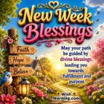 Inspirational New Week Blessings Image featuring a sunrise pathway, wooden faith signs, blooming flowers, a blue bird, and a peaceful cottage symbolizing guidance and hope.