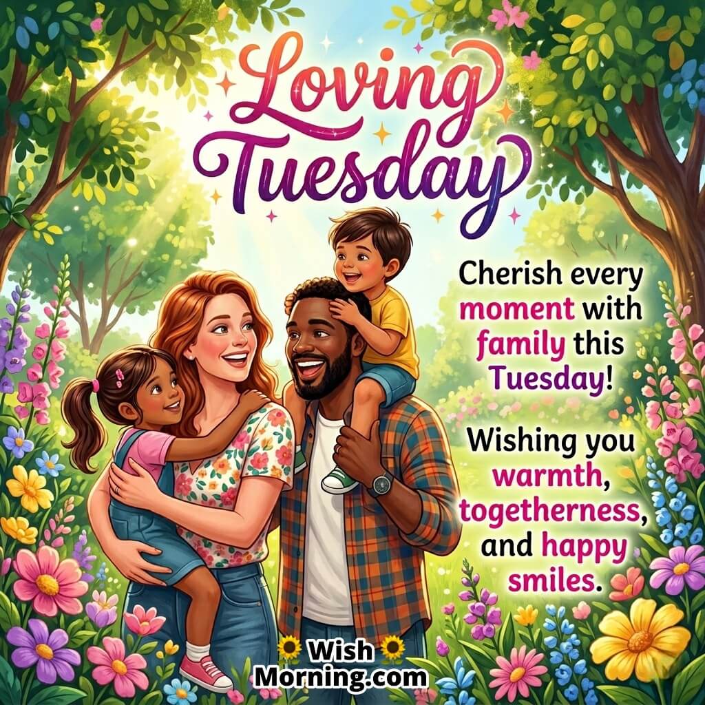 Loving Tuesday message image featuring a cheerful family embracing in a beautiful garden filled with flowers and sunshine, symbolising warmth, togetherness, and happy smiles.