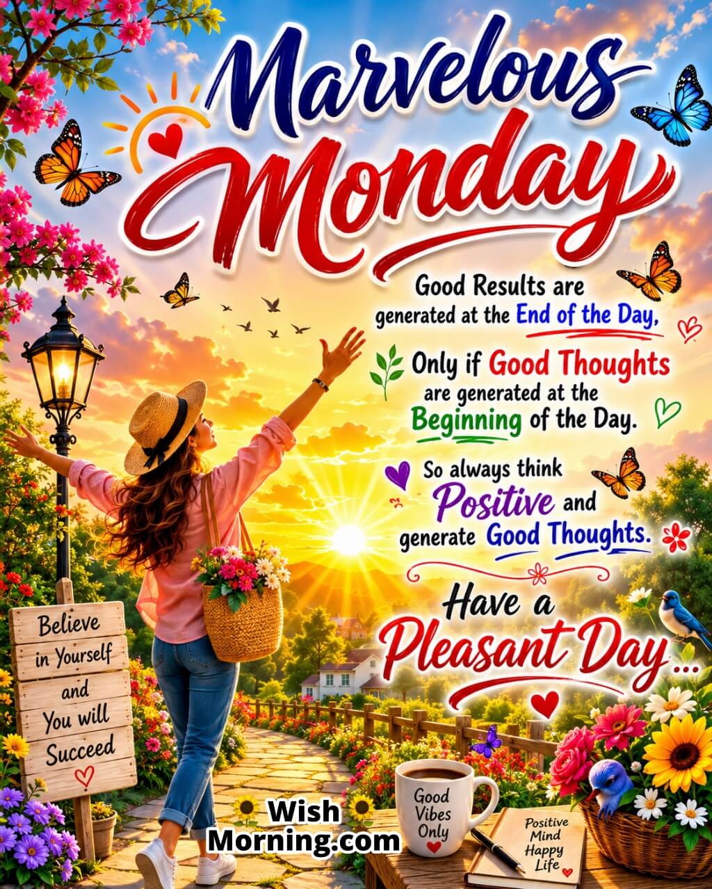 Marvelous Monday Positive Thoughts Message Image featuring a cheerful person standing on a flower-lined garden pathway at sunrise with colourful blooms, butterflies, lush greenery, and radiant golden sunlight, symbolizing positive thinking, fresh beginnings, motivation, and success throughout the day.