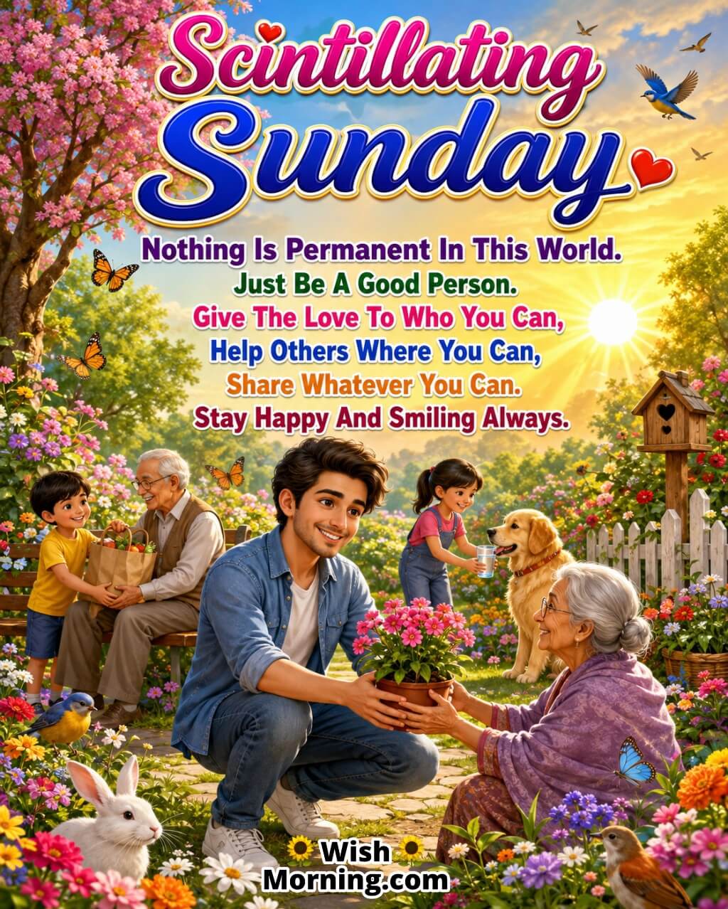 Scintillating Sunday Kindness and Happiness Quote Image featuring a cheerful smiling character helping others in a colorful sunrise garden with flowers and butterflies symbolizing kindness, generosity, compassion, and lasting happiness.