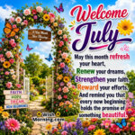 Welcome July Blessings Image with Inspiring Message featuring a magnificent floral arch, colourful flowers, butterflies, lush gardens, and a bright blue sky symbolizing hope, faith, and beautiful new beginnings.