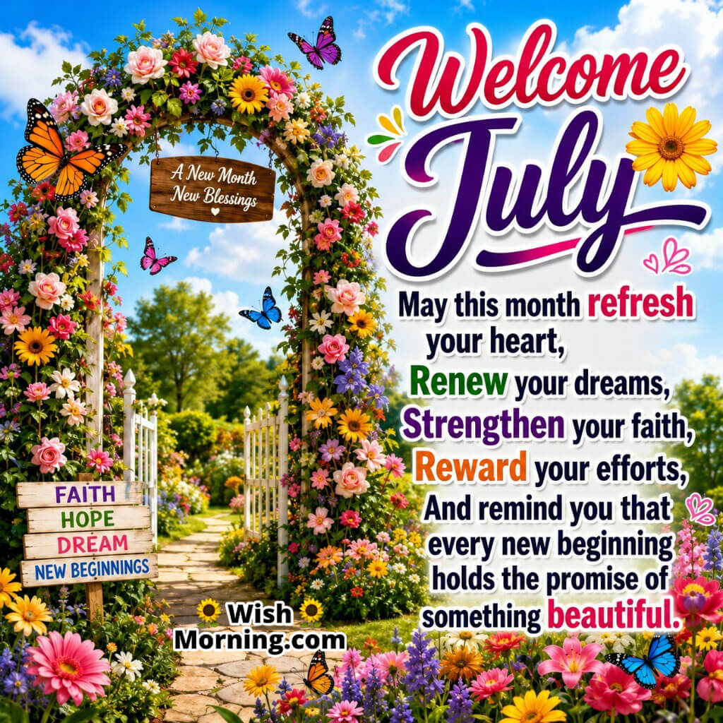 Welcome July Blessings Image with Inspiring Message featuring a magnificent floral arch, colourful flowers, butterflies, lush gardens, and a bright blue sky symbolizing hope, faith, and beautiful new beginnings.