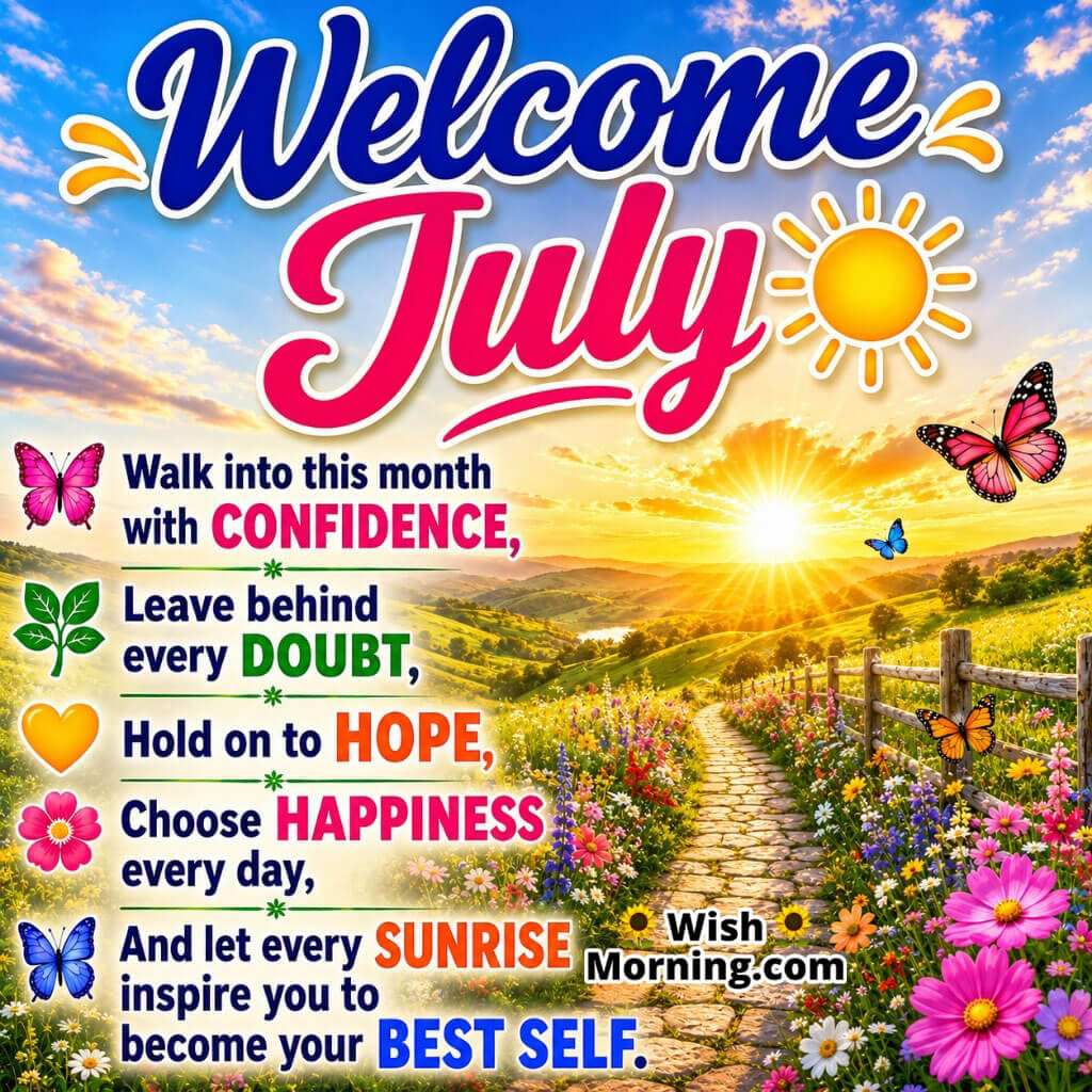 Welcome July Motivational Quote Image featuring a scenic pathway through vibrant green fields, colourful wildflowers, butterflies, and a glowing horizon symbolizing confidence, hope, and fresh starts.