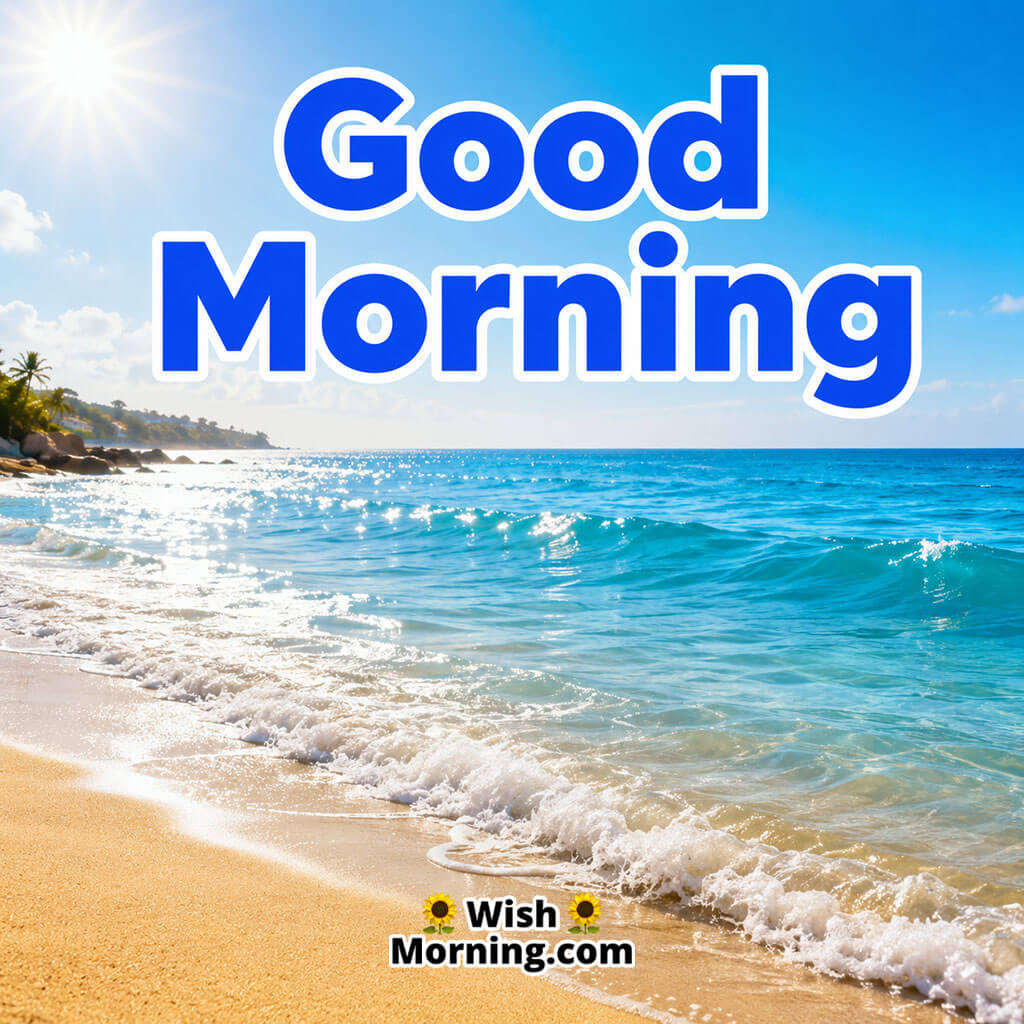 Calm Good Morning 4K Ocean Waves Image featuring crystal-clear ocean waves rolling onto a sunny beach beneath a bright blue sky, reflecting the morning light and symbolizing peace, relaxation, and a refreshing start to the day.