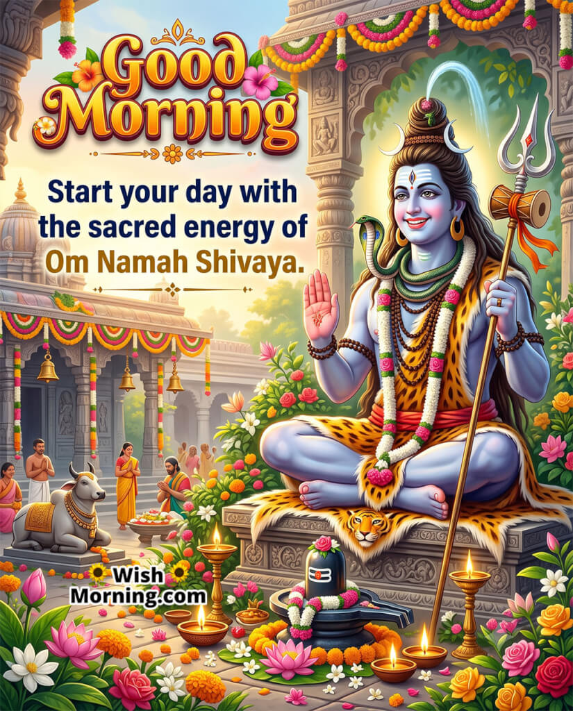Devotional Good Morning Lord Shiva Image featuring Lord Shiva in a beautifully decorated temple with the sacred Shivling, symbolizing devotion, blessings, and spiritual awakening for the day.