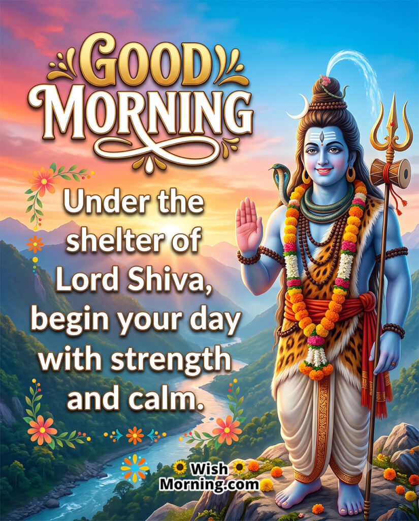 Divine Good Morning Lord Shiva Image featuring Lord Shiva standing with his blessing hand raised over a scenic mountain valley, symbolizing divine protection, strength, and inner peace.