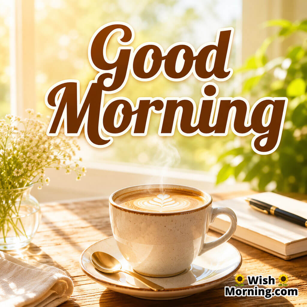 Good Morning 4K HD Coffee Cup Image featuring a steaming coffee cup on a sunlit wooden table surrounded by warm morning light, symbolizing comfort, freshness, and an energetic start to the day.