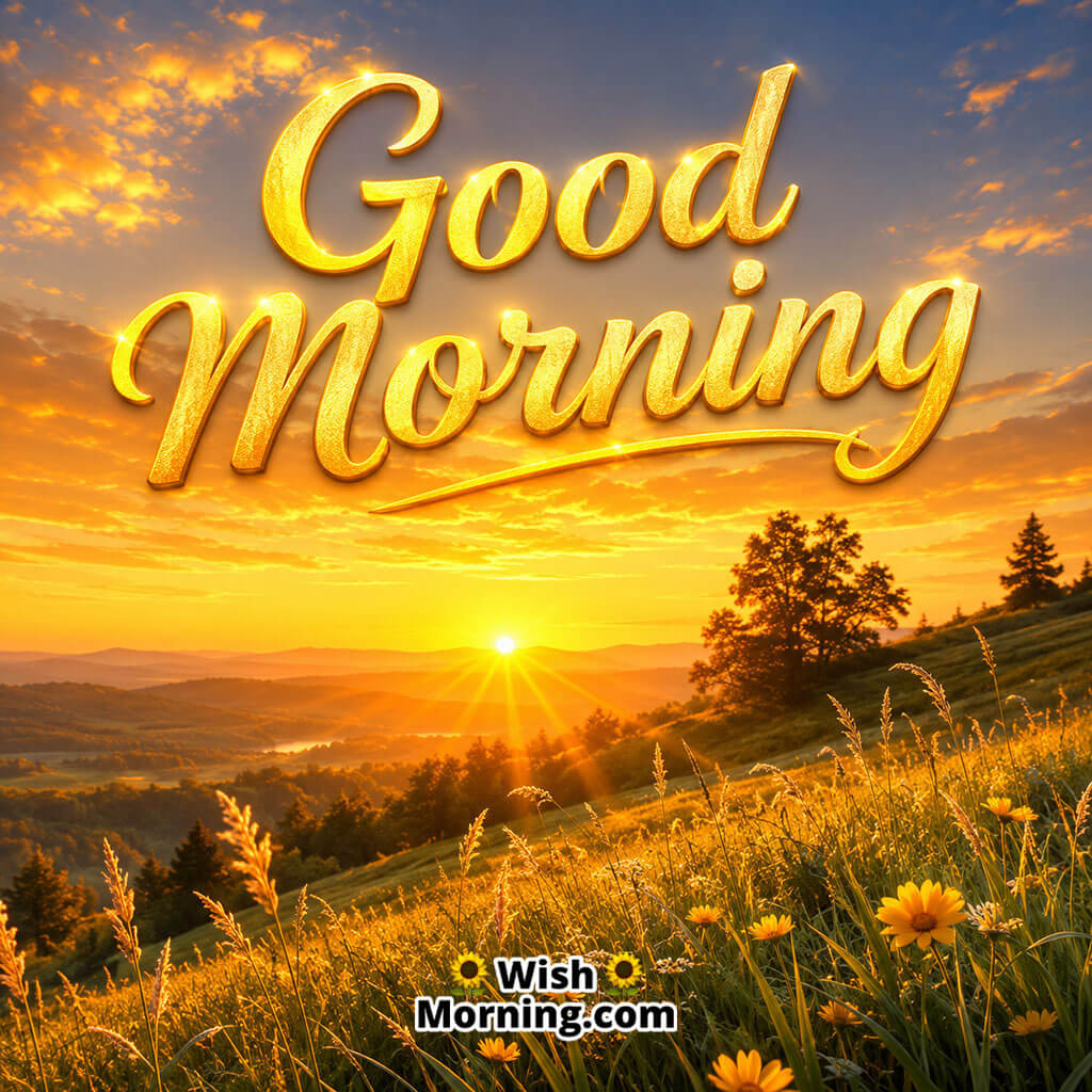 Good Morning 4k Hd Sunrise Image featuring a radiant golden sunrise illuminating rolling green hills and a vibrant morning sky, symbolizing new beginnings, optimism, and endless possibilities.