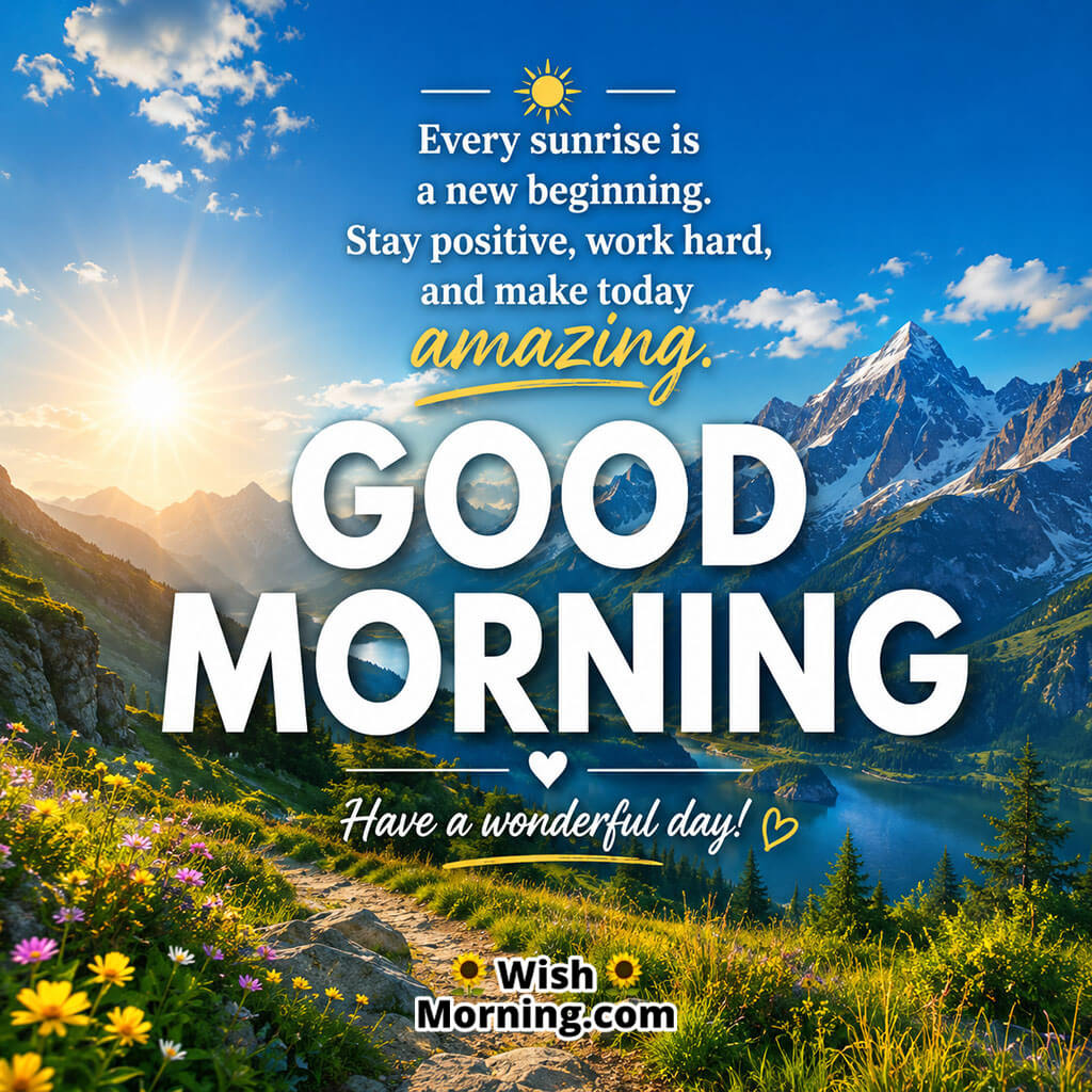 Good Morning 4K Positive Quote Image featuring majestic mountains beneath a clear blue sky with an inspiring morning quote, symbolizing positivity, motivation, confidence, and a joyful beginning to the day.