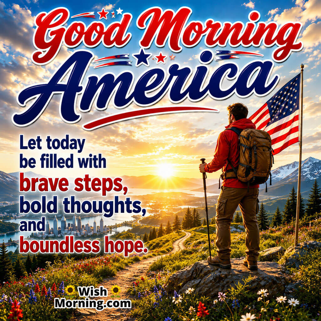 Good Morning America Brave Steps Image featuring a hiker overlooking a sunrise valley with an American flag symbolizing bold dreams, hope, perseverance, and new beginnings.