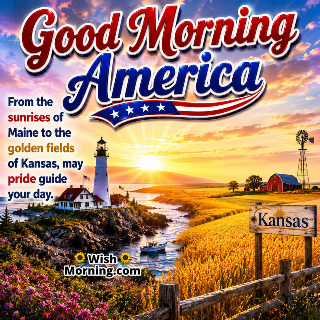 Good Morning America Coast to Coast Wishes Image featuring a Maine lighthouse, Kansas wheat fields, sunrise countryside, and patriotic scenery symbolizing America's natural beauty, pride, and unity from coast to heartland.