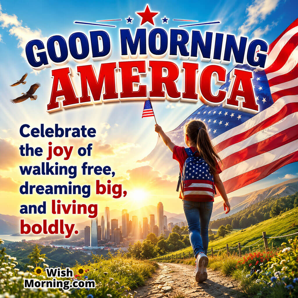 Good Morning America Dream Big Inspiration Image featuring a young girl carrying a small American flag at sunrise with a patriotic backpack and city skyline symbolizing freedom, dreams, confidence, and a bright future.