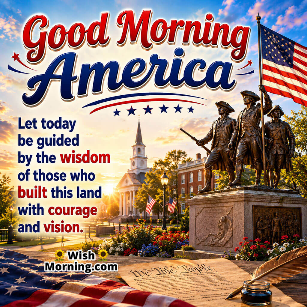 Good Morning America Founding Fathers Tribute Image featuring a Revolutionary War monument, American flag, historic document, and sunrise over a patriotic town symbolizing wisdom, courage, and the nation's enduring legacy.