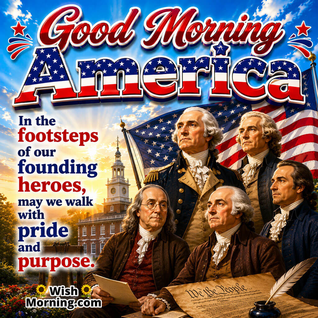 Good Morning America Founding Heroes Quote Image featuring portraits of America's founding leaders, the American flag, Independence Hall, and historic documents symbolizing leadership, pride, purpose, and freedom.