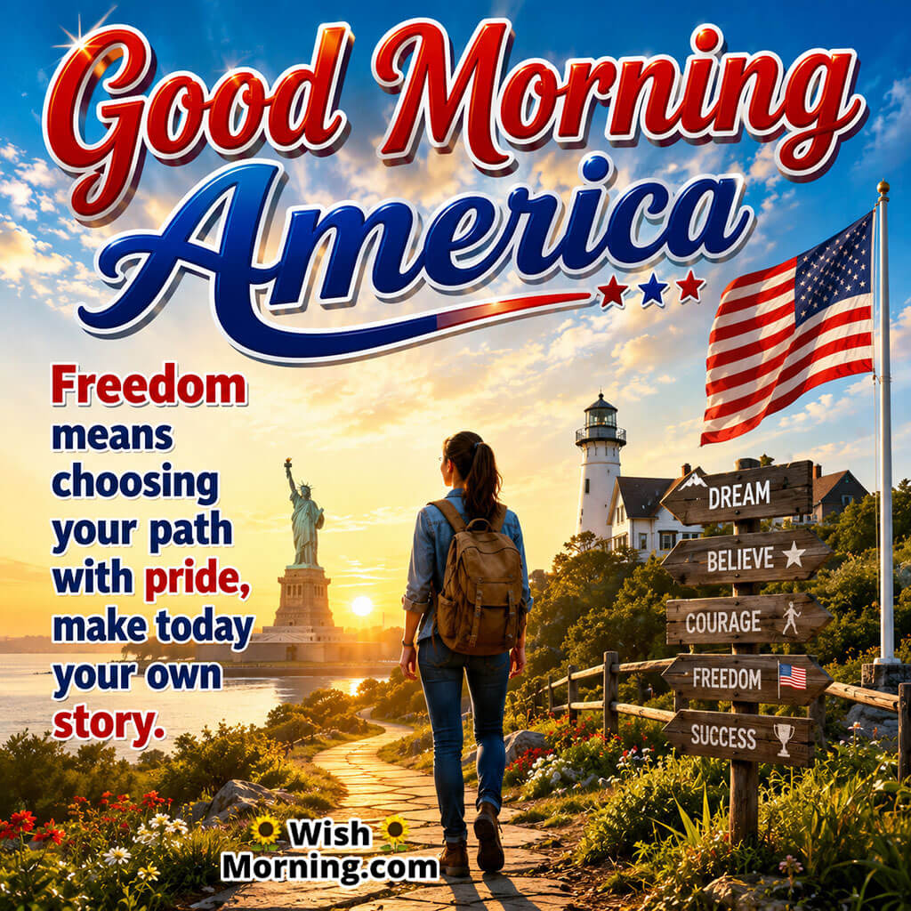 Good Morning America Freedom Journey Wishes Image featuring a traveler walking toward the Statue of Liberty, a lighthouse, patriotic signposts, and the American flag symbolizing freedom, courage, hope, and new beginnings.