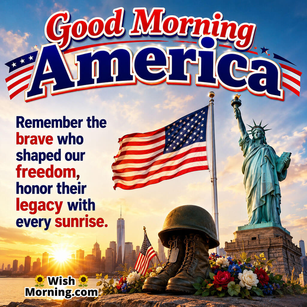 Good Morning America Freedom Legacy Image featuring the Statue of Liberty, American flag, military memorial with boots and helmet, and a glowing sunrise symbolizing bravery, sacrifice, freedom, and remembrance.