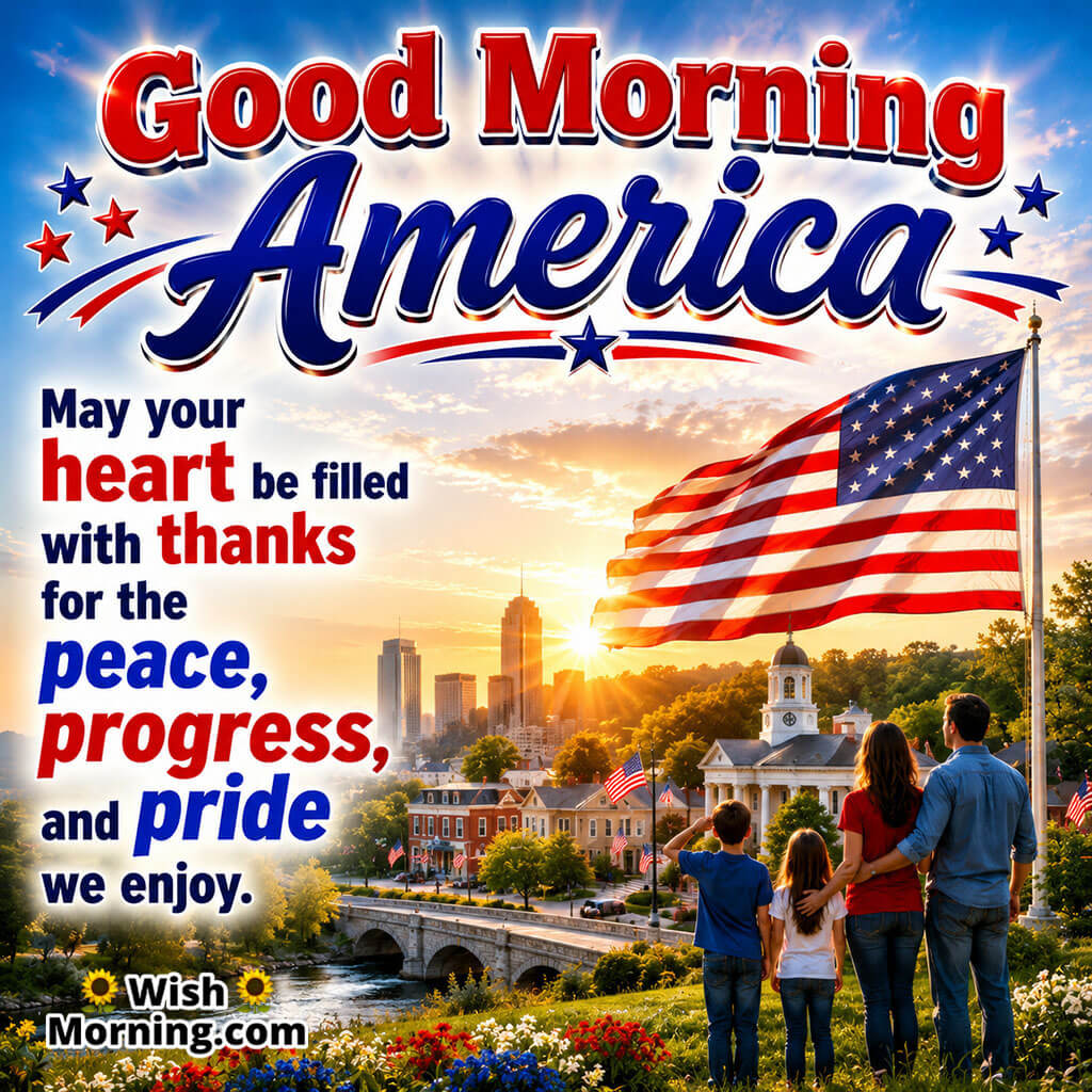 Good Morning America Gratitude Wishes Image featuring a family watching the sunrise beneath a waving American flag overlooking a peaceful town symbolizing thankfulness, peace, progress, and pride.