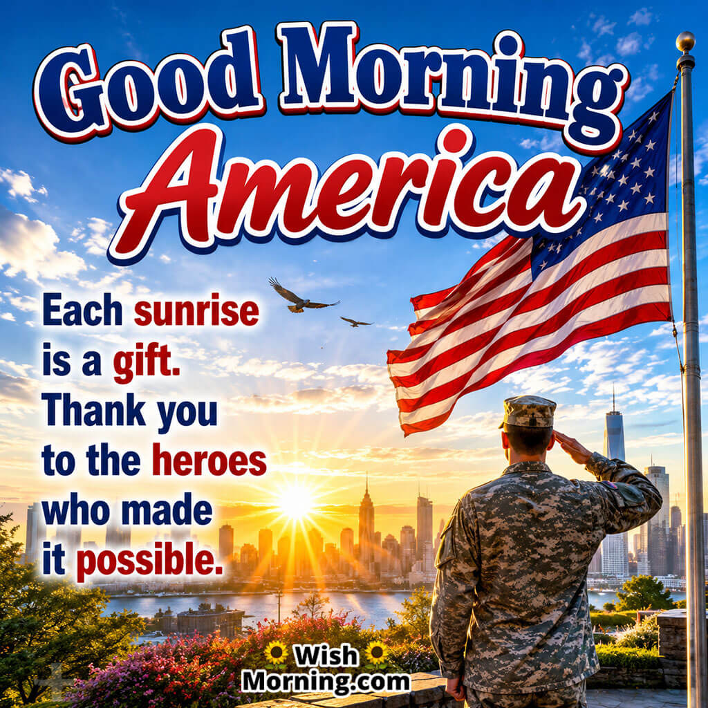 Good Morning America Heroes Tribute Image featuring a soldier saluting the American flag at sunrise with a city skyline in the background symbolizing gratitude, honor, service, and freedom.
