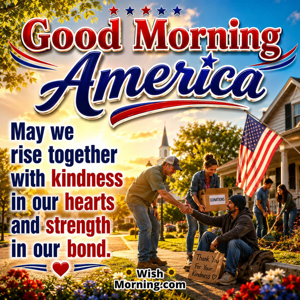 Good Morning America Kindness Message Image featuring volunteers helping a neighbor in a community with an American flag symbolizing kindness, compassion, and strength through unity.