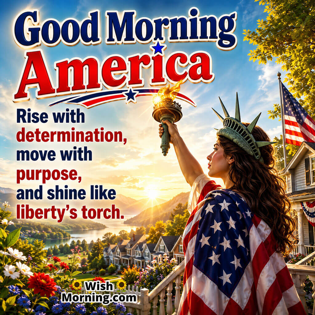 Good Morning America Liberty Inspiration Image featuring a woman holding the Torch of Liberty with an American flag and sunrise valley symbolizing determination, purpose, and freedom.