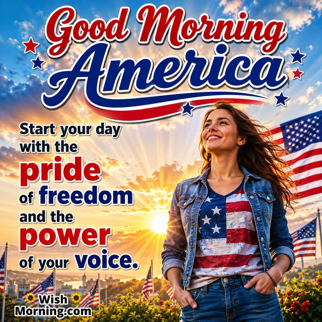Good Morning America Patriotic Greeting Image featuring a smiling woman in patriotic attire, American flags, and a radiant sunrise symbolizing freedom, pride, and the power to inspire positive change.