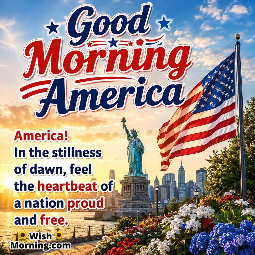 Good Morning America Patriotic Sunrise Image featuring the Statue of Liberty, a waving American flag, blooming flowers, and a glowing skyline at dawn symbolizing freedom, pride, and national spirit.