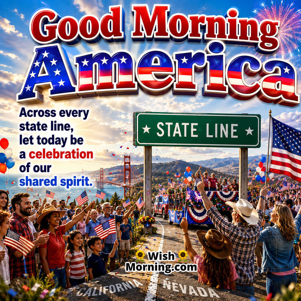 Good Morning America State to State Celebration Image featuring a festive state line celebration with waving American flags, parade floats, and joyful crowds symbolizing shared spirit, unity, patriotism, and nationwide pride.