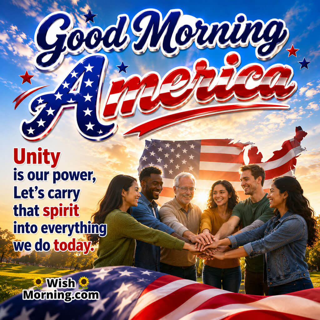 Good Morning America Togetherness Quote Image featuring a diverse group joining hands before an American flag at sunrise symbolizing unity, friendship, and shared purpose.