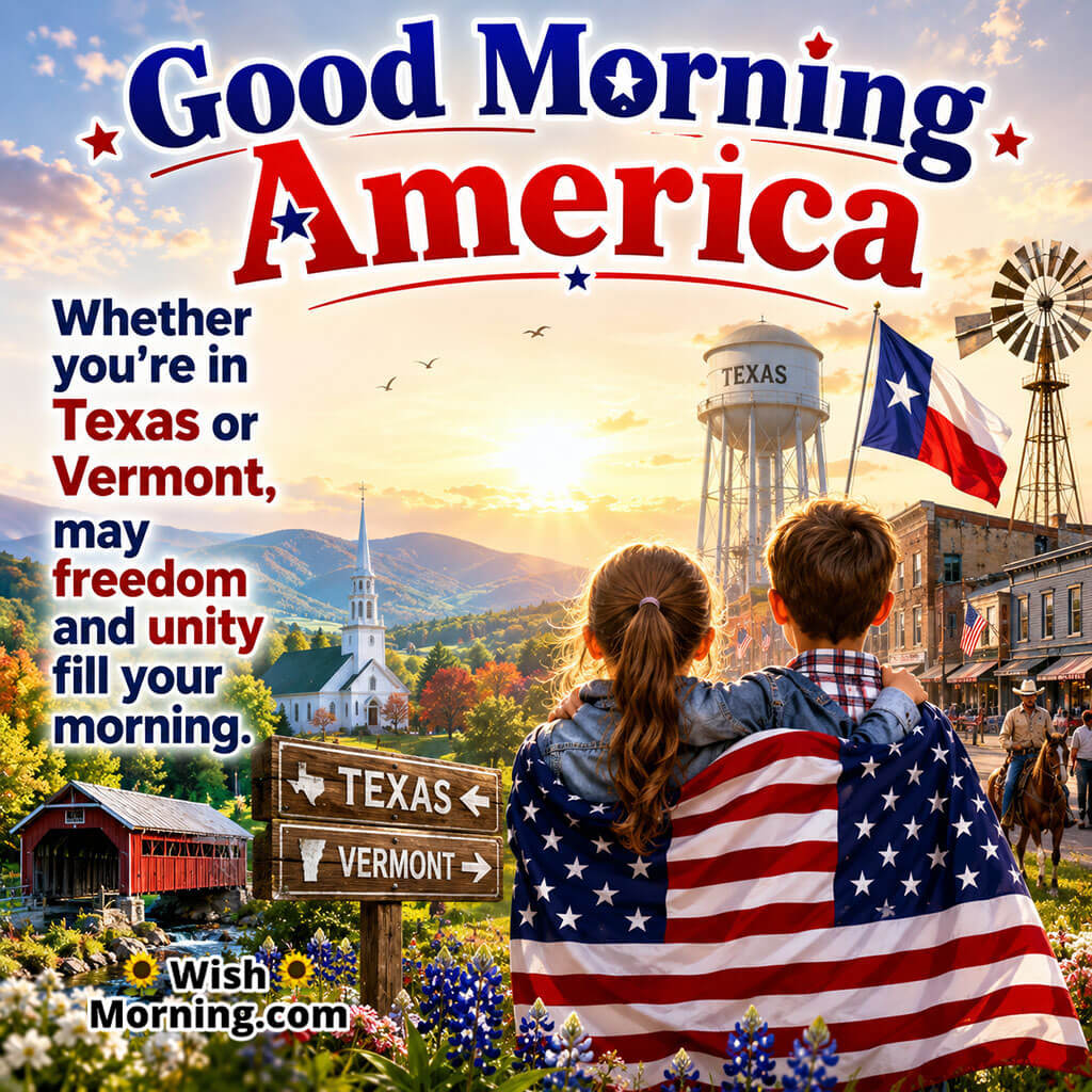 Good Morning America Unity Across States Image featuring children wrapped in an American flag with Texas and Vermont landmarks at sunrise symbolizing unity, friendship, freedom, and national togetherness.