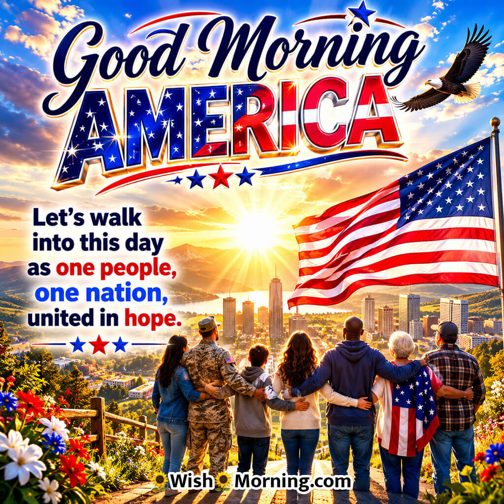 Good Morning America Unity Wishes Image featuring families standing together beneath a waving American flag at sunrise with an eagle overhead symbolizing unity, hope, and national togetherness.
