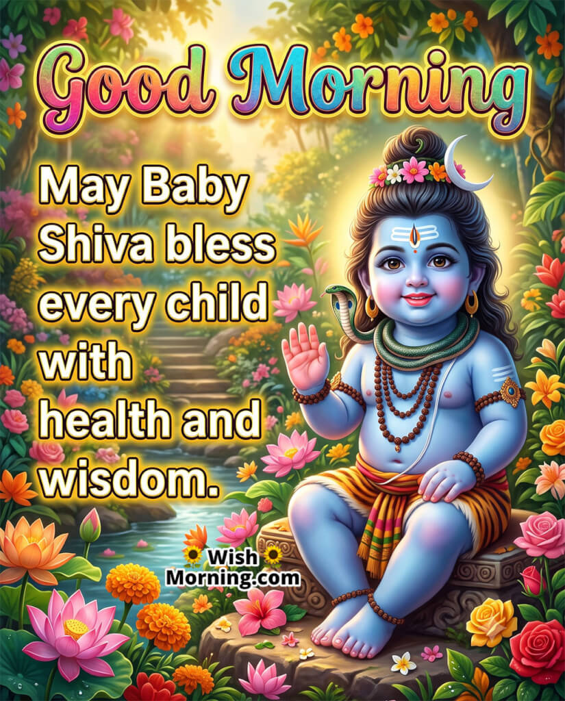Good Morning Baby Shiva Blessings for Children Image featuring Baby Shiva raising His hand in blessing, symbolizing health, wisdom, protection, and a bright future for every child.