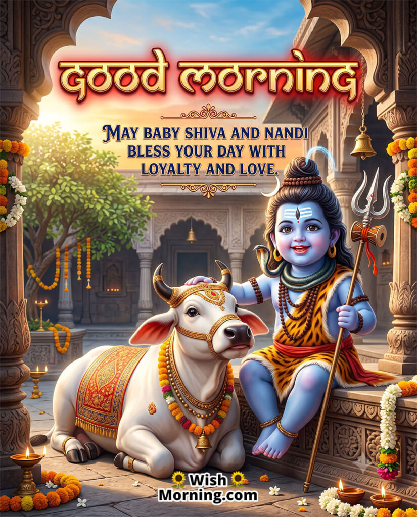 Good Morning Baby Shiva and Nandi Image featuring Baby Shiva lovingly beside Nandi, symbolizing loyalty, trust, devotion, and lifelong friendship.