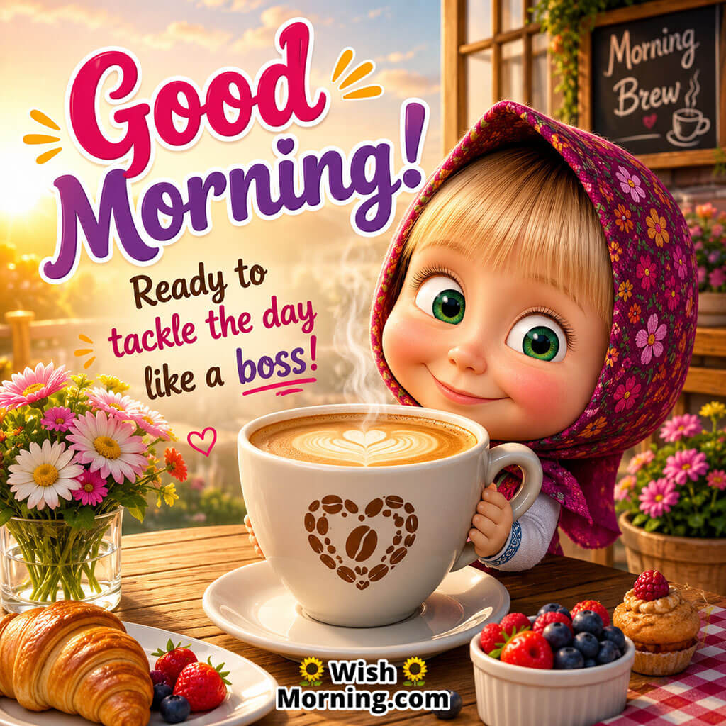 Good Morning Coffee Masha Image featuring adorable Masha peeking from behind a steaming coffee cup, symbolising confidence and a cheerful start to the day.