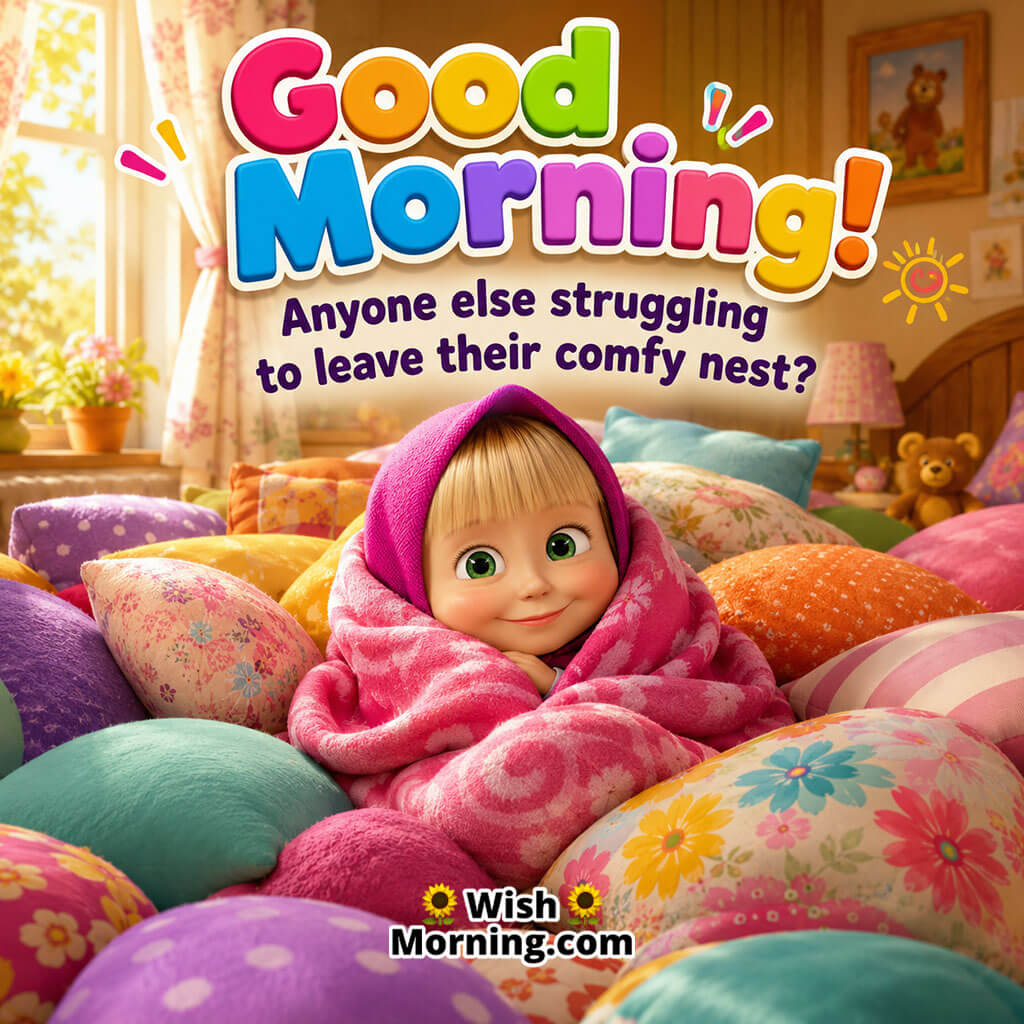 Good Morning Cozy Masha Image featuring adorable Masha surrounded by fluffy pillows, symbolising warmth, comfort, and sleepy mornings.