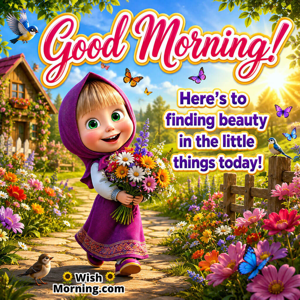 Good Morning Flower Masha Image featuring adorable Masha holding freshly picked flowers in a blooming garden, symbolising gratitude and appreciation for life’s simple joys.