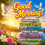 Good Morning God Bless You Sunrise Wishes Image featuring white doves soaring above a peaceful lake, blooming roses and lilies, and a radiant sunrise symbolizing God's peace, warmth, and blessings for the day.