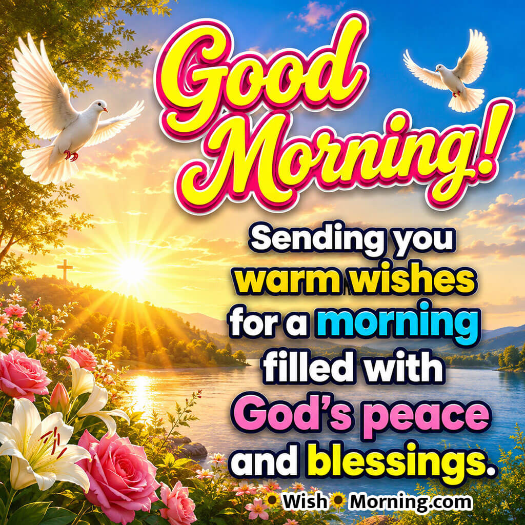 Good Morning God Bless You Sunrise Wishes Image featuring white doves soaring above a peaceful lake, blooming roses and lilies, and a radiant sunrise symbolizing God's peace, warmth, and blessings for the day.