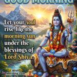 Good Morning Lord Shiva Blessings Wish featuring Lord Shiva seated on a tiger skin before the Himalayan sunrise, symbolizing spiritual awakening, divine protection, and a blessed morning.