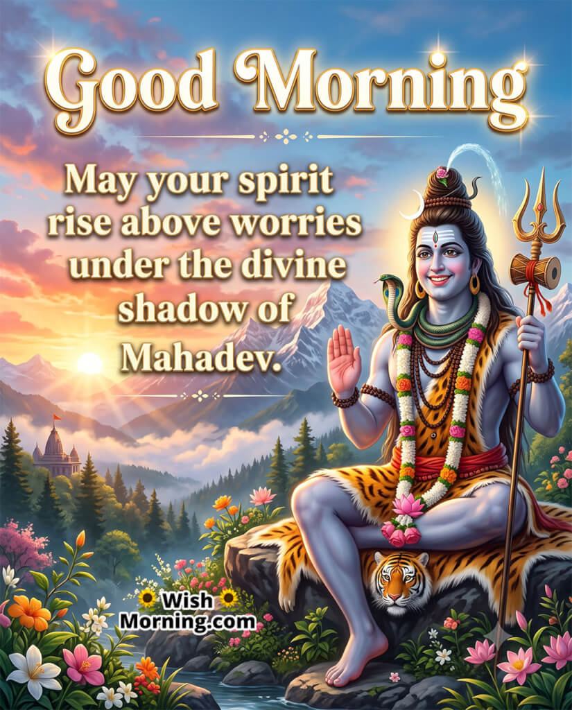 Good Morning Lord Shiva Divine Blessing Wish featuring Lord Shiva seated before a glowing Himalayan sunrise, symbolizing freedom from worries, divine protection, and spiritual strength.