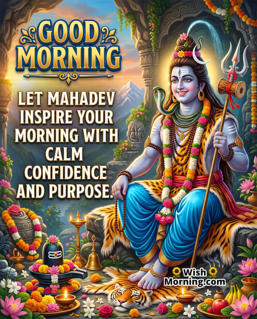 Good Morning Lord Shiva Motivational Quote Wish featuring Lord Shiva seated beside a sacred Shivling in a mountain cave, symbolizing calm confidence, purpose, and the blessings of Mahadev for the day.