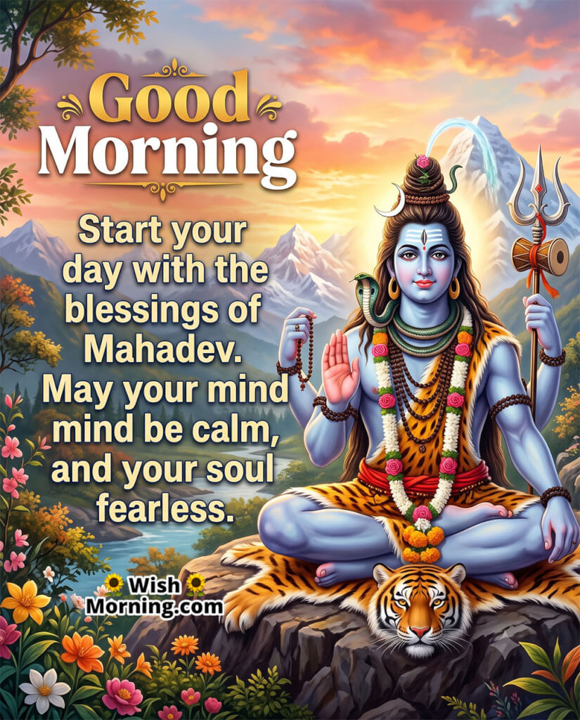 Good Morning Mahadev Blessing Wish for Peaceful Mind featuring Lord Shiva blessing devotees from the Himalayas, symbolizing inner peace, courage, and a calm beginning to the day.