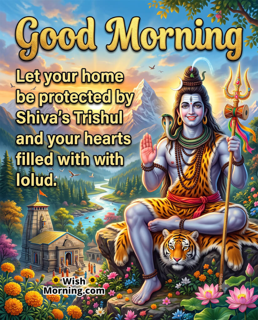 Good Morning Mahadev Blessing for Home and Family featuring Lord Shiva with the sacred Trishul overlooking a temple and mountain valley, symbolizing protection, love, harmony, and blessings for the entire family.