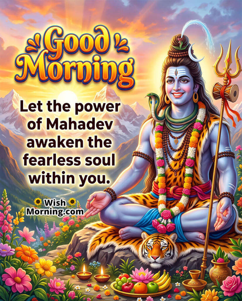 Good Morning Mahadev Inspirational Quote Wish featuring Lord Shiva in meditation before a glowing Himalayan sunrise, symbolizing courage, fearlessness, and divine inner power.