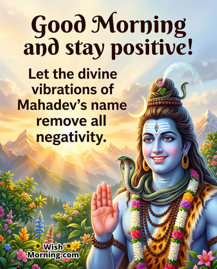 Good Morning Mahadev Positive Wish featuring Lord Shiva blessing devotees with a raised hand against a radiant mountain sunrise, symbolizing positivity, peace, and divine grace.